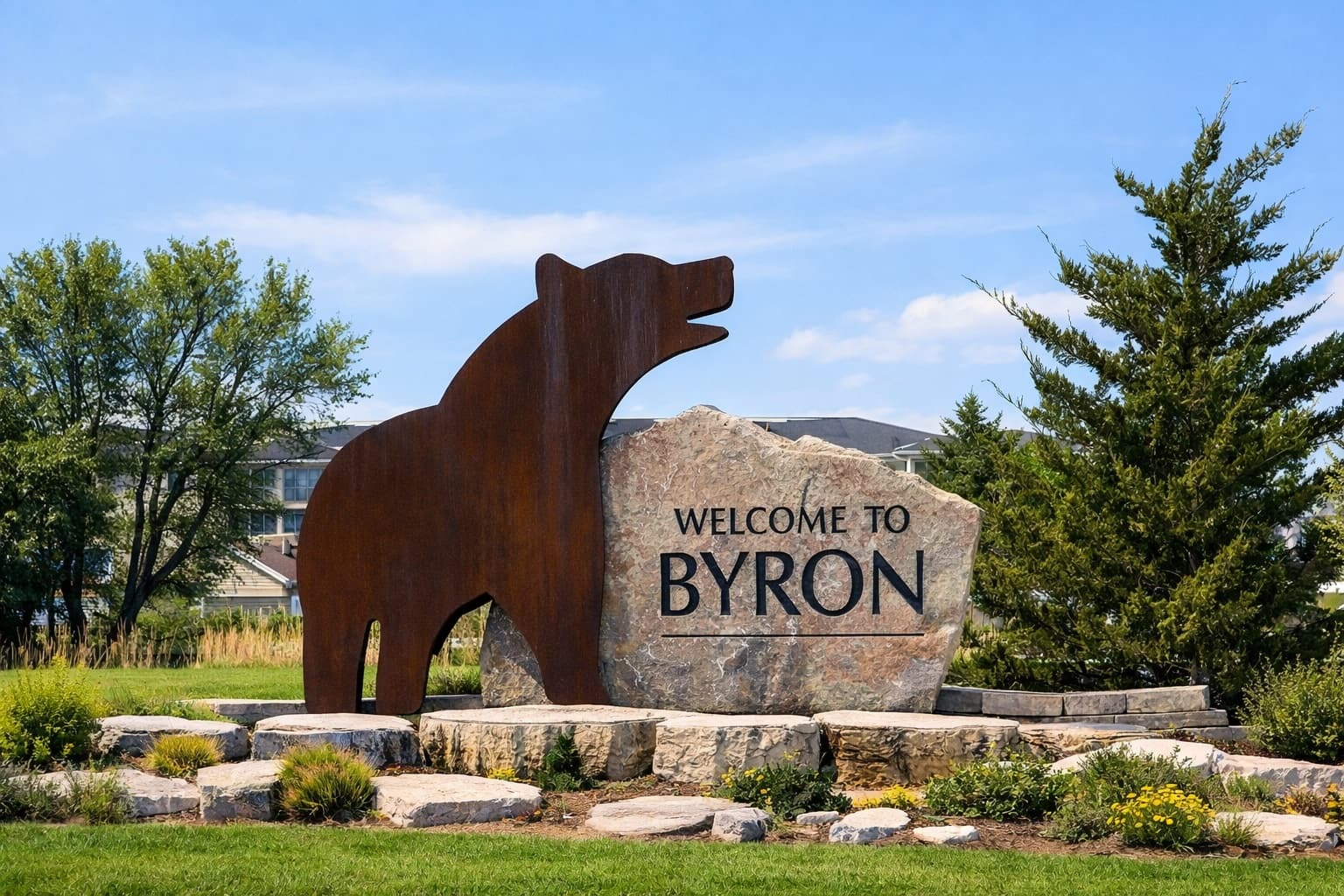 byron-mn-welcome-sign-summer Welcome sign in Byron, Minnesota on a summer day
