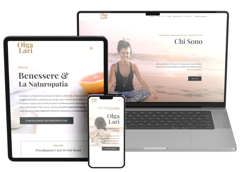 Olgabenessere-website-Mockup A website displayed on multiple devices: a tablet, smartphone, and laptop. The site features a natural wellness theme by Byrdview-webdesign-in-North-Bethesda, showcasing a smiling woman in a yoga pose and offering services like naturopathy. Text headings in Italian include "Benessere & La Naturopatia" and "Chi Sono".